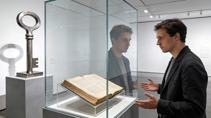 Mann mit altem Buch und großem Schlüssel im Museum