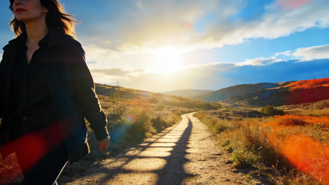 eine Frau geht zügig durch Dünenlandschaft