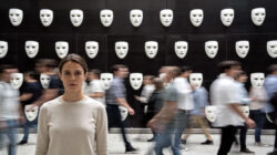 Orientierung statt Meinung - Frau vor einer Maskenwand