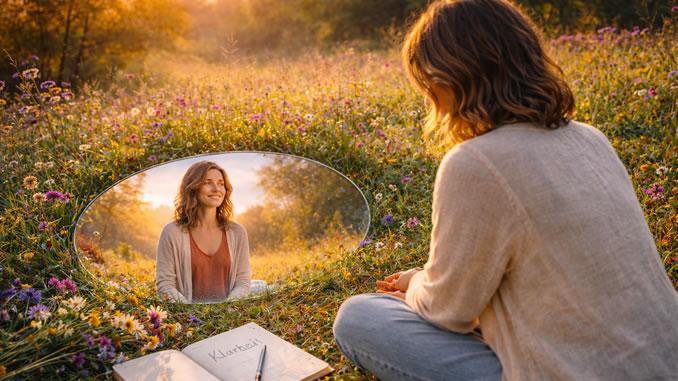 sitzende Frau auf einher Wiese vor einem Spiegel