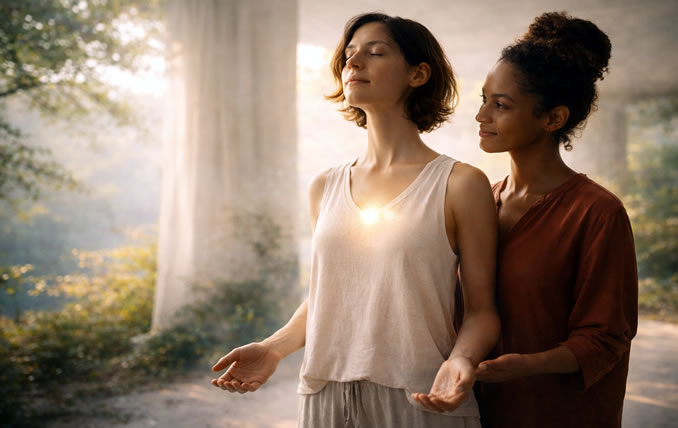 Der Heiler in dir Spirituelle Selbstermächtigung Frau empfängt ihren inneren Heiler