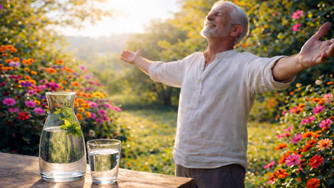 Fröhlicher Mann bei Wasser Trinken