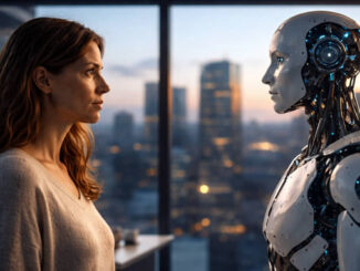 Frau und Roboter im Labor