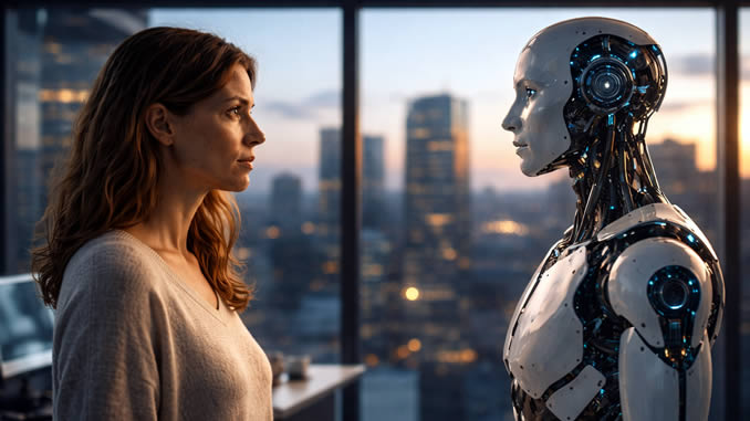 Frau und Roboter im Labor