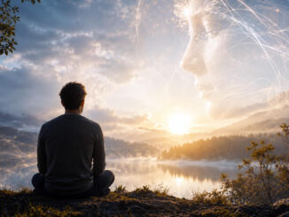 Meditation bei Sonnenaufgang in einer surrealen Landschaft