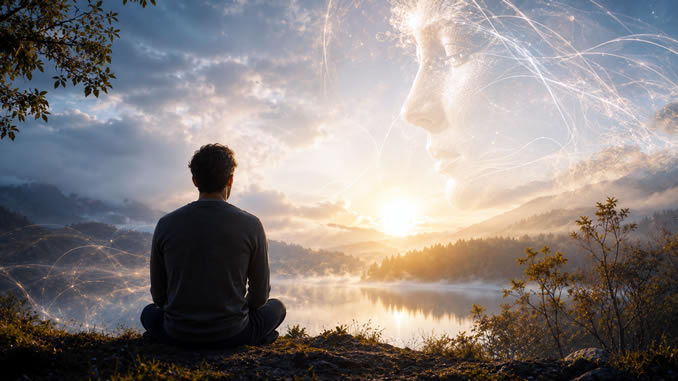 Meditation bei Sonnenaufgang in einer surrealen Landschaft