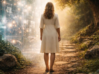 Frau auf einem Weg zwischen Technik und Natur