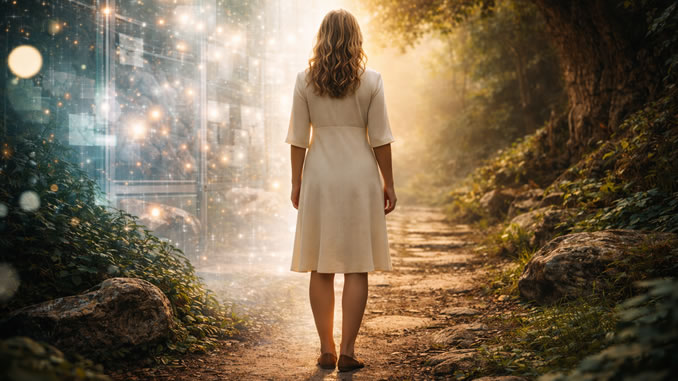 Frau auf einem Weg zwischen Technik und Natur