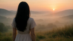 Innere Milde - Frau steht in Ruhe und schaut auf nebelige Berge