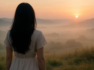 Frau steht in Ruhe und schaut auf nebelige Berge