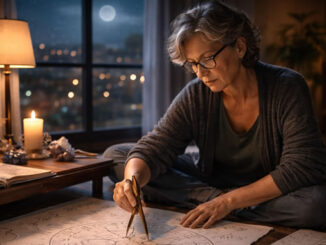 Frau mit Zirkel auf dem Fußboden