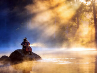 musizierender junger Mann bei Sonnenaufgang