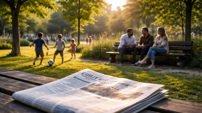 Tisch mit Zeitung und Menschen im Park