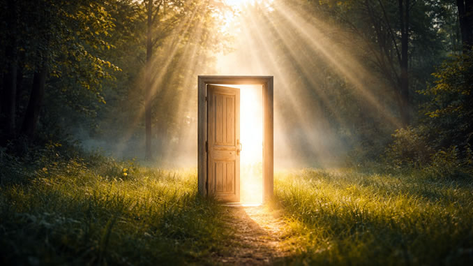 Warum wir spirituelle Zeichen brauchen Leuchtende Tür im geheimen Wald