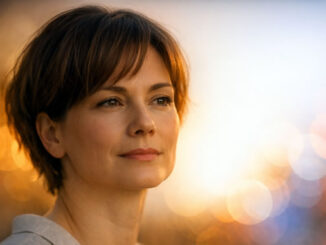 Sanfte Abendbeleuchtung und beruhigender Ausdruck einer Frau