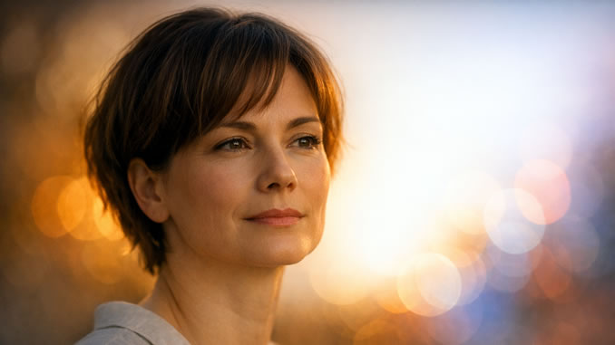 Sanfte Abendbeleuchtung und beruhigender Ausdruck einer Frau