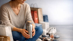 Bewusster Konsum im Alltag Frau auf dem Boden sitzend inmitten von Konsumartikeln