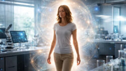 Aura verstehen - Leuchtende Aura einer Frau im Forschungslabor