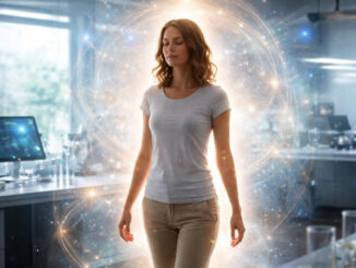 Leuchtende Aura einer Frau im Forschungslabor