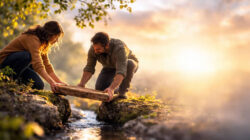 Spiritualität ohne Verantwortung - Mann und Frau bauen Brücke aus Stein