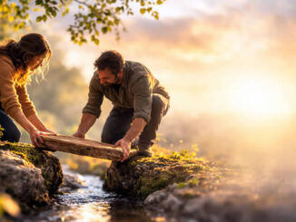 Mann und Frau bauen Brücke aus Stein