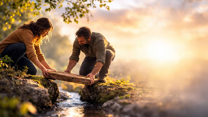 Mann und Frau bauen Brücke aus Stein