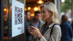 Spiritualität und System Frau scannt QR-Code in der Stadt