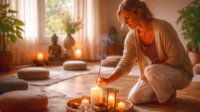 Leiterin bereitet Meditationsraum vor