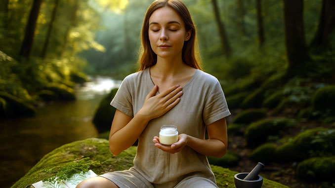 Frau mit Creme am Bach