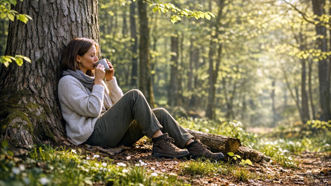 eine Frau sitzt am Baum und trinkt Tee