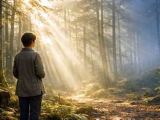 Frau im Wald mit mystischer Erfahrung