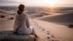 Zeit und Ewigkeit Frau im Abendlicht der Wüste