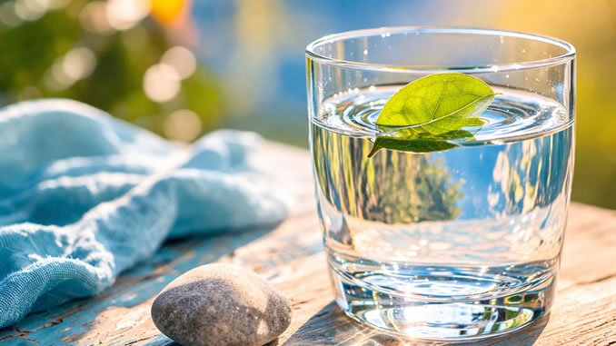Wasserglas mit grünem Blatt im Sonnenschein