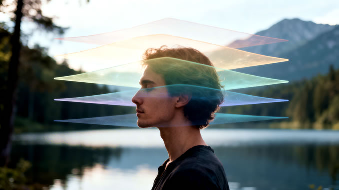 Spirituelle Medizin in der Praxis Nachdenkliche Aufnahme am See mit leuchtenden Schichten