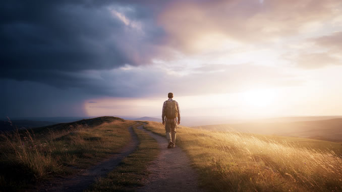 Engelessenzen als Werkzeuge der spirituellen Medizin ein Mann geht einen Weg zwischen hell und dunkel