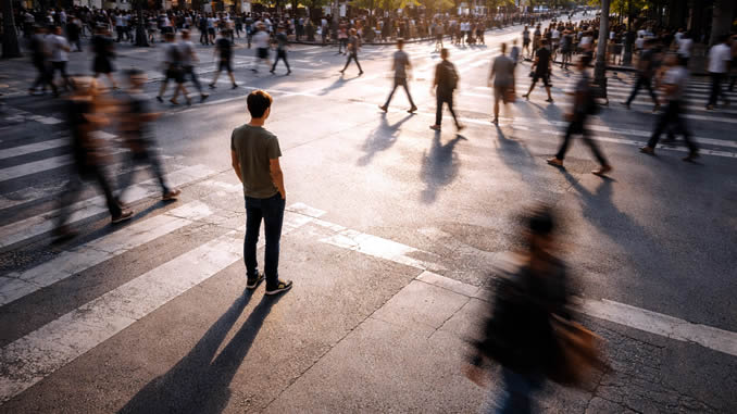 Mensch steht auf eine Kreuzung