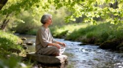 Selbstpflege Rituale Mensch in einfacher Kleidung meditiert am Bach