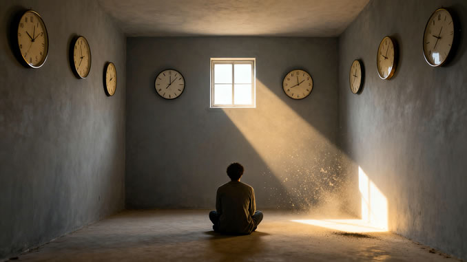 ein Mensch in einer Zelle voller Uhren