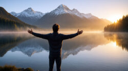 Meditation und Gesundheit - Mann vor Teich in der Morgensonne