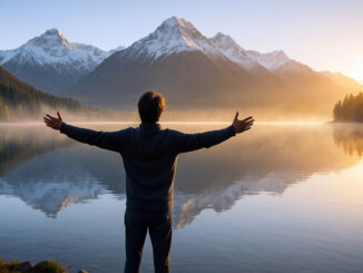 Mann vor Teich in der Morgensonne