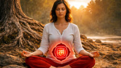 Wurzelchakra Bedeutung - Meditation am Baum im Abendlicht