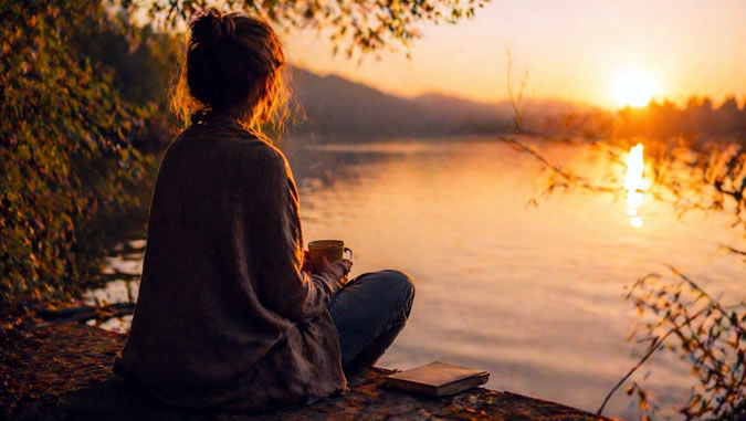 Frau in einem ruhigen Moment beim Sonnenuntergang