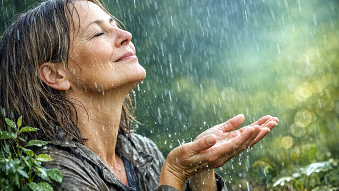 Frau lächelnd im Regen und hält die Hände hoch