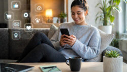 Digitale Gewohnheiten Gemütliche Wohnzimmeratmosphäre mit Technologie-Icons