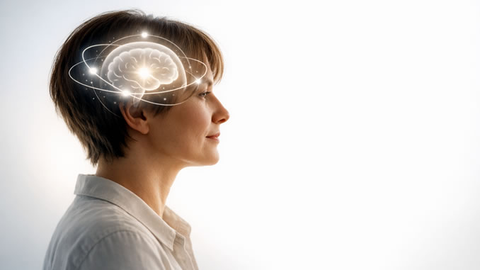 Frau von der Seite mit skizziertem Gehirn