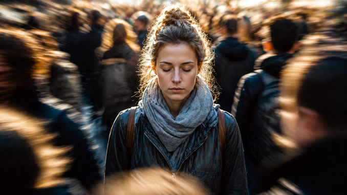 Frau sucht in Menschenmenge Stille