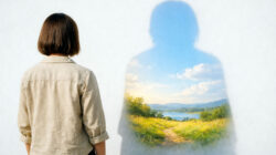 innerer Ursprung Frau mit Schatten in Form einer Landschaft