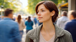 Heilpraktiker und Bewusstseinscoaching Frau in der Stadt im Sonnenlicht