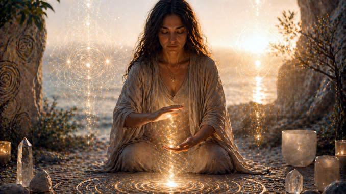 Frau am Strand mit heilenden Händen