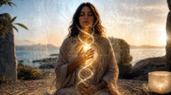 Frau am Strand mit heilenden Händen